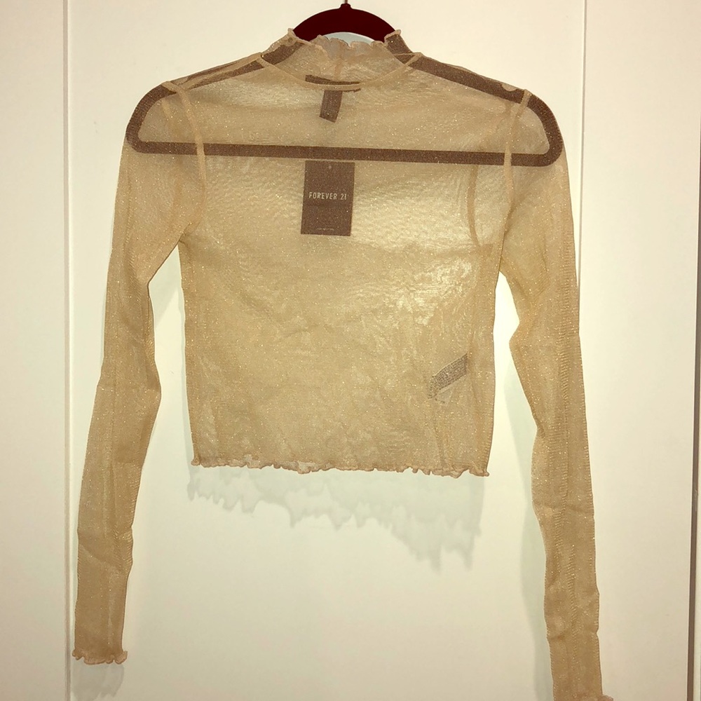 Gold/nude Shimmer Mesh Mock Neck Top